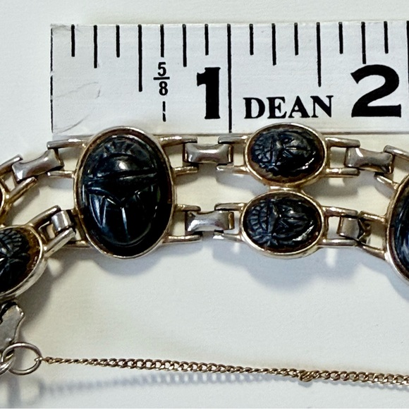 Vintage 1960s Egyptian Revival Double-Row Two-Toned Black Scarab Beatle Bracelet - Picture 12 of 13